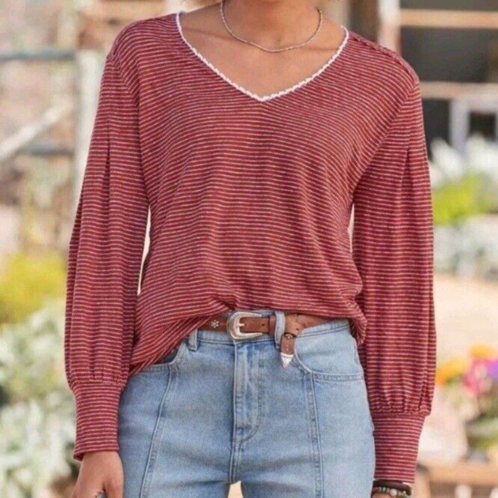 Sundance Mariner Journey 100% Linen Long Sleeve Slub Knit Blouse Rust Red Top S